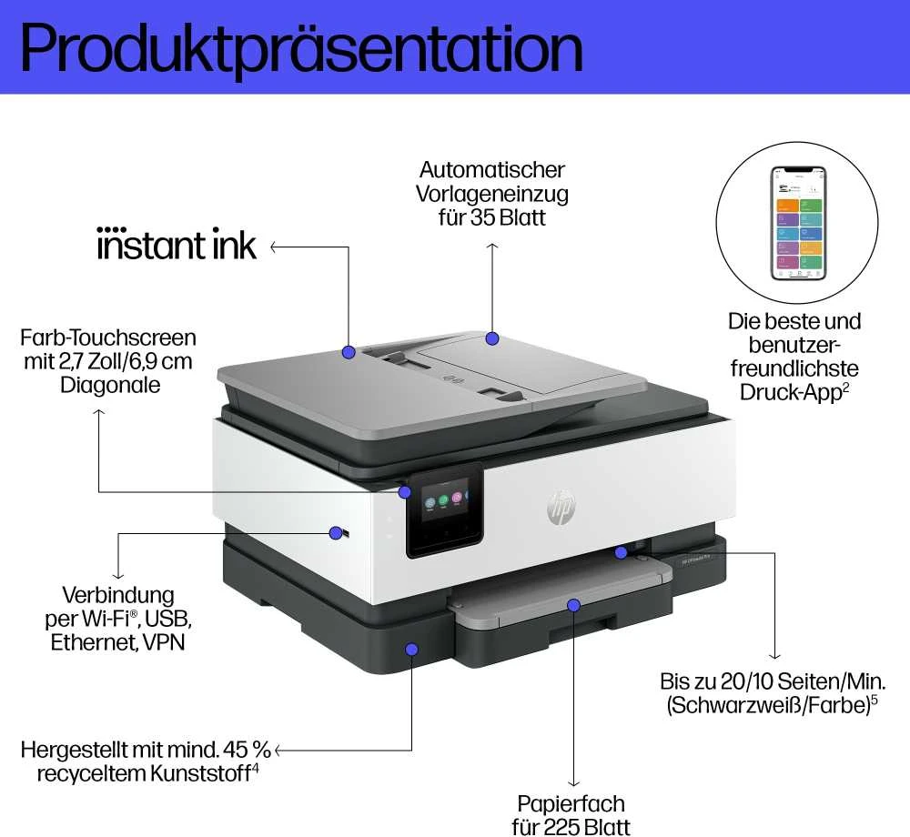 HP OfficeJet Pro Wireless All-in-One Color Spausdintuvas, Instant Ink; Two-sided spausdinimas