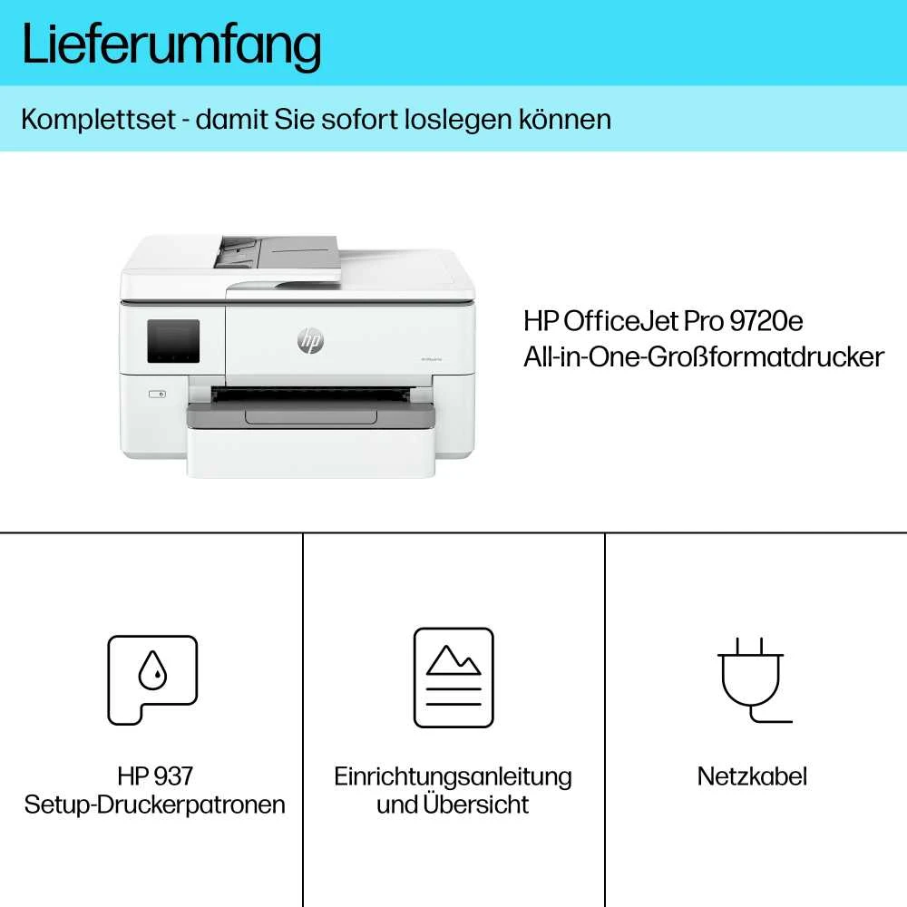 Hewlett Packard (HP) HP OfficeJet Pro 9720e HP+ plataus formato „AiO“ daugiafunkcis spausdintuvas Spausdintuvas - A3/A4 spalvotas rašalinis, spausdinimas / kopijavimas / nuskaitymas, automatinis dokumentų tiektuvas, automatinis dvipusis spausdinimas, LAN, Wifi, 22 psl./min., 250–1500 puslapių per mėnesį (pakeičia OfficeJet Pro 7720)