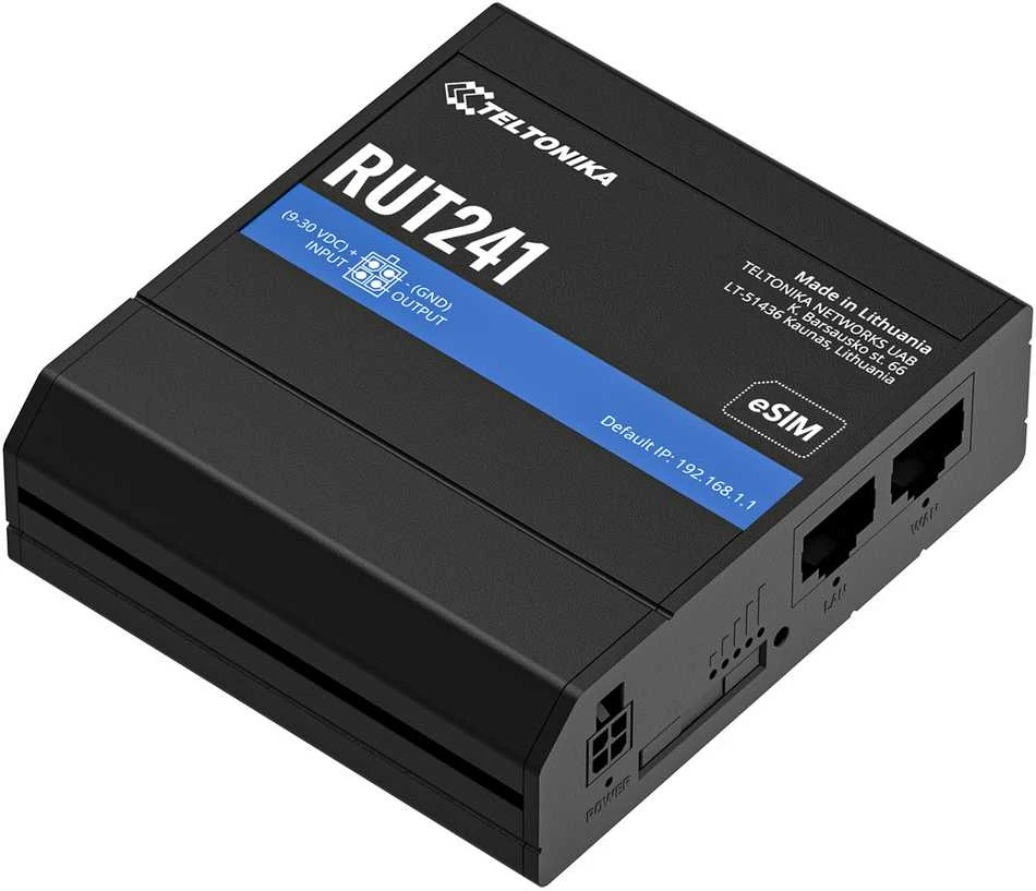TEI Teltonika RUT241 eSIM | Industrieller 4G-LTE-Maršrutizatorius | Cat 4, 2x RJ45 100Mb/s, eSIM Korinio tinklo maršrutizatorius
