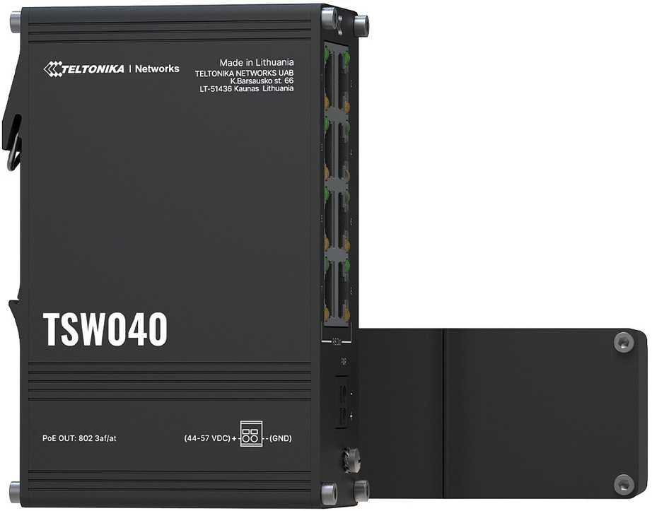 Šakotuvas Teltonika | Pramoninis komutatorius | TSW040 | Nevaldomas | Montuojamas ant DIN bėgelio | 10/100 Mbps (RJ-45) jungtys, kiekis: 8 | PoE+ jungtys, kiekis: 8 | Maitinimo šaltinio tipas: 2 kontaktų pramoninis nuolatinės srovės maitinimo lizdas