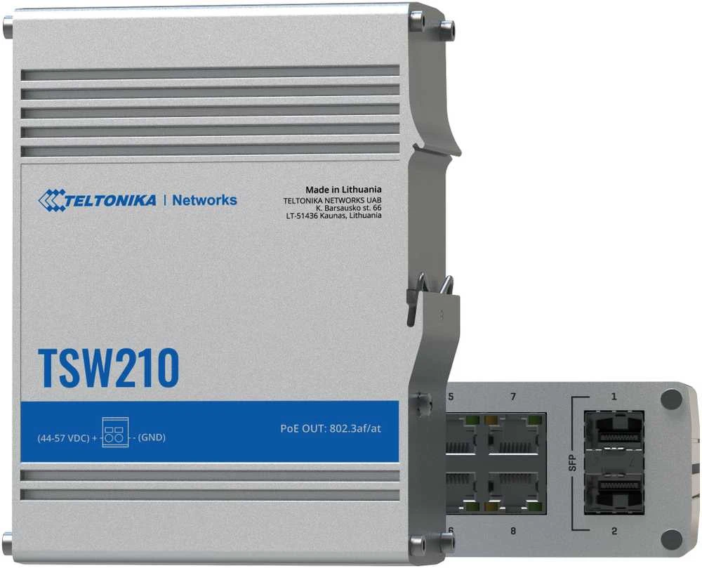 Šakotuvas Teltonika | Jungiklis | TSW210 | Nevaldomas | Tvirtinama prie sienos | Gigabit Ethernet (vario) jungtys kiekis 8 | SFP jungtys kiekis 2 | 24 mėn.