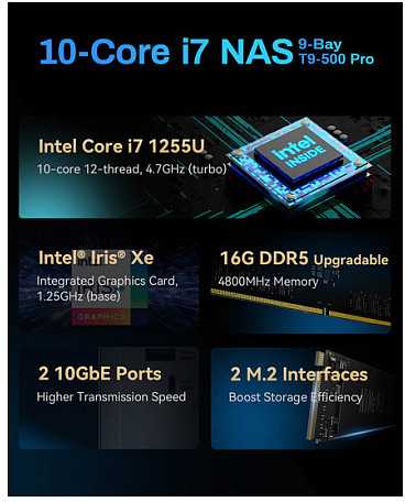 „TERRAMASTER T9-500 Pro NAS“ failų serveris: „Intel Core i7-1255U“, 16 GB RAM, 9 lizdai