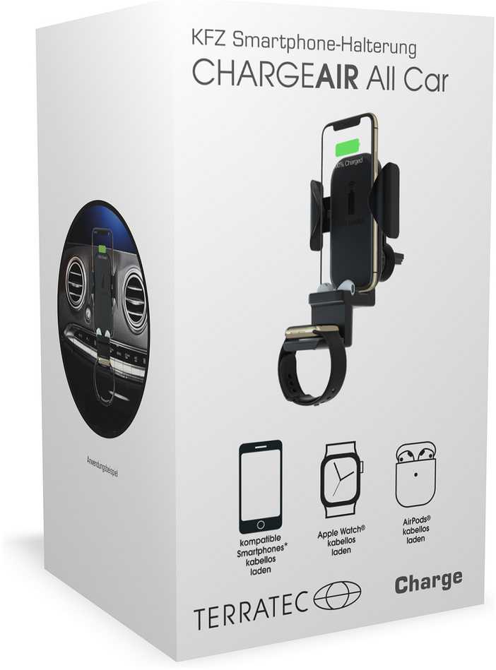 Terratec ChargeAir All Car Aktyvus laikiklis Mobilusis telefonas / išmanusis, Išmanusis laikrodis Juoda