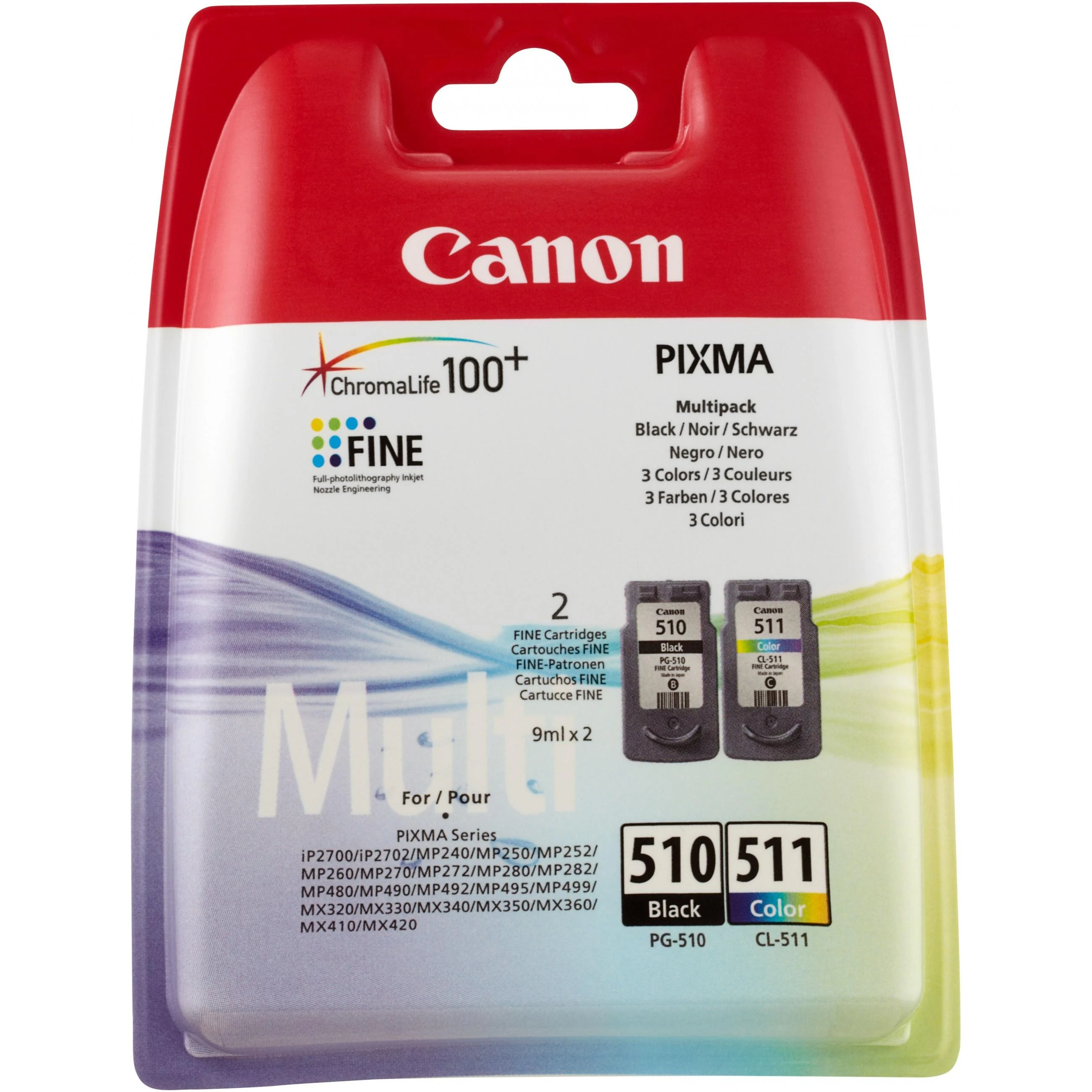 CANON 1LB PG-510 / CL-511 rašalo kasetė juodas ir spalva standartinė talpa juoda: 240 puslapių spalva: 244 puslapiai sudėtinė pakuotė