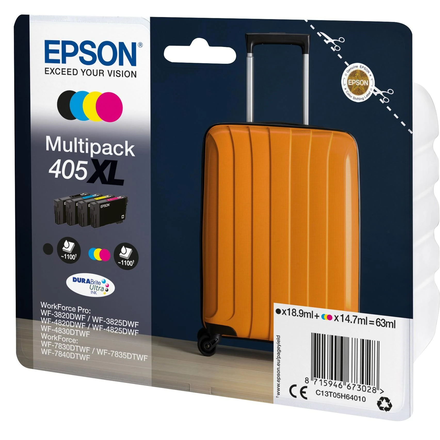 Epson 405XL DURABrite Ultra rašalo kasetė 1 vnt Originalus Didelė (XL) išeiga Juoda, Žydras, Rausvai raudona, Geltona