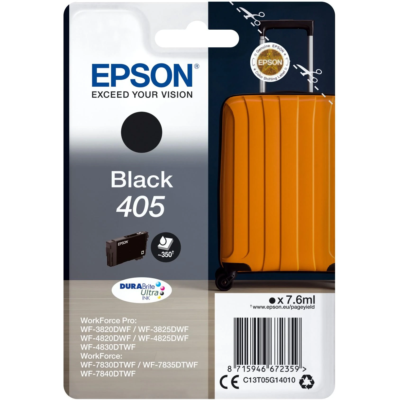 Rašalo Kasetė - Epson Ink 405 Juodas Juodas, 7,6 ml, Iki 1 100 Puslapių, Juoda