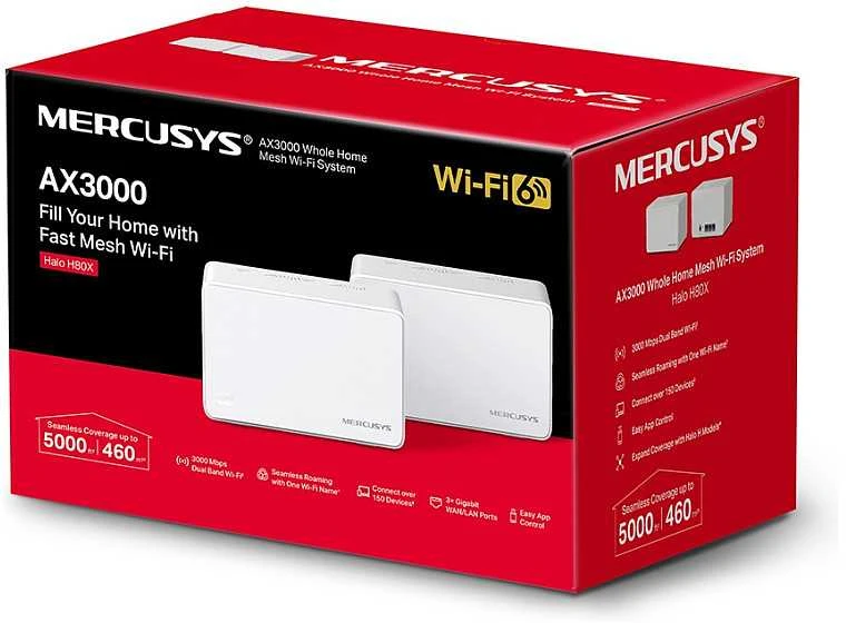 Mercusys | AX3000 viso namo tinklelio „Baltas WiFi 6“ sistema su PoE | „Halo H80X“ (2 vnt.) | 802.11ax | 574+2402 Mbit/s | 10/100/1000 Mbit/s | Ethernet LAN (RJ-45) jungtys 3 | Tinklo palaikymas: Taip | MU-MiMO: Taip | Ne, mobilusis plačiajuostis ryšys | Antenos tipas: Vidinė