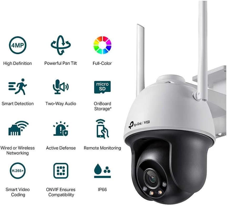 TP-LINK | VIGI 4MP lauko visų spalvų Wi-Fi Pan Tilt tinklo kamera | VIGI C540-W | Kupolas | 4 MP | 4 mm | IP66 | H.265+/H.265/H.264+/H.264 | MicroSD
