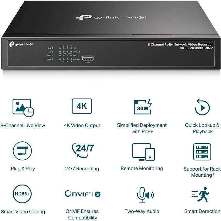 TP-LINK | PoE+ tinklo vaizdo įrašymo įrenginys | VIGI NVR1008H-8MP | 1 | 8 kanalas