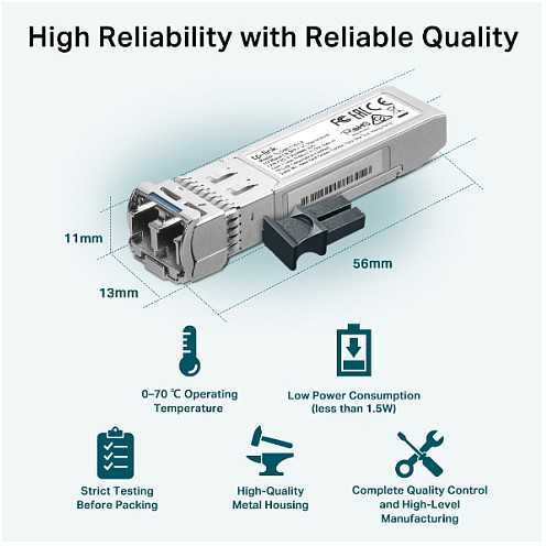 Šakotuvas TP-Link Modulis SFP D-Link Omada 10Gbase-LR SFP+ LC Transceiver, 8-PackSPEC: 1310 nm Single-mode, LC Duplex Connector, Up to 10 km Distance