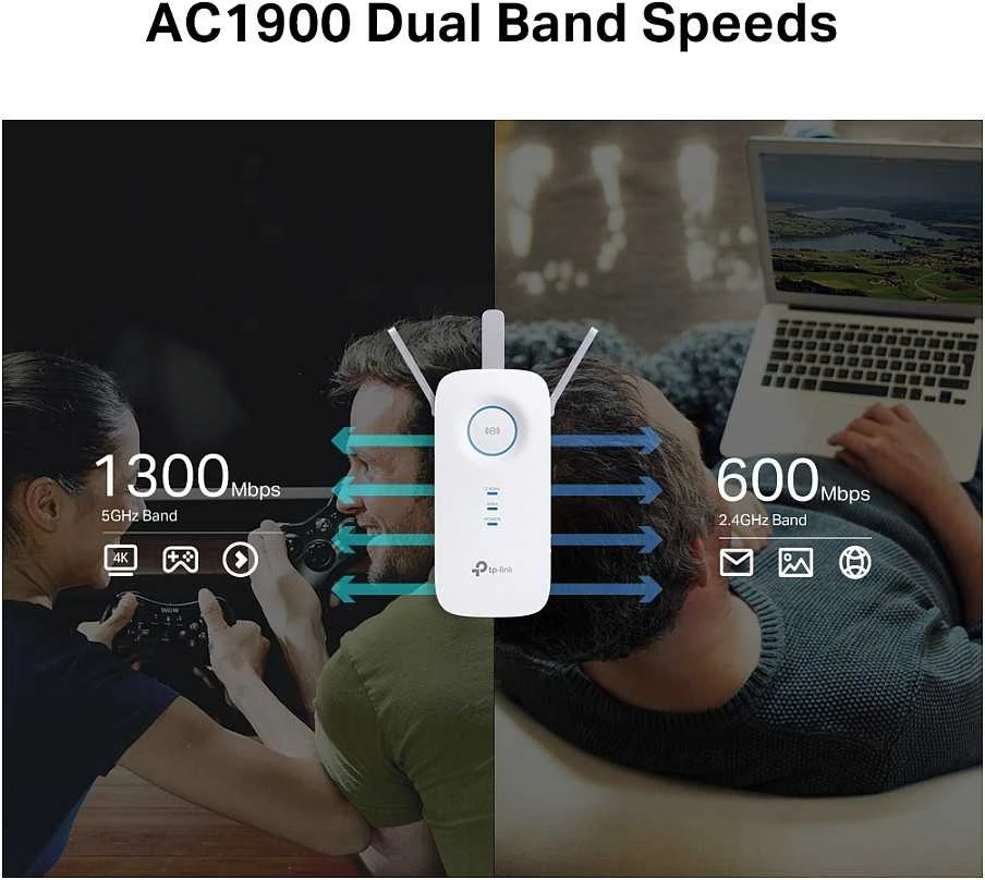 TP-LINK | AC1900 „Wi-Fi“ diapazono plėtiklis | RE550 | 802.11ac | 2GHz/5GHz | 600+1300 Mbit/s | 10/100/1000 Mbit/s | Ethernet LAN (RJ-45) jungtys: 1 | MU-MiMO: Ne | ne PoE | Antenos tipas: 3 išorinės