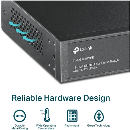 Šakotuvas TP-LINK | Komutatorius | TL-SG1218MPE | Valdomas žiniatinklyje | Montuojamas į lentyną | Gigabito Ethernet (varinis) jungčių kiekis: 16 | SFP jungčių kiekis: 2 | PoE+ jungčių kiekis: 16 | 36 mėn.