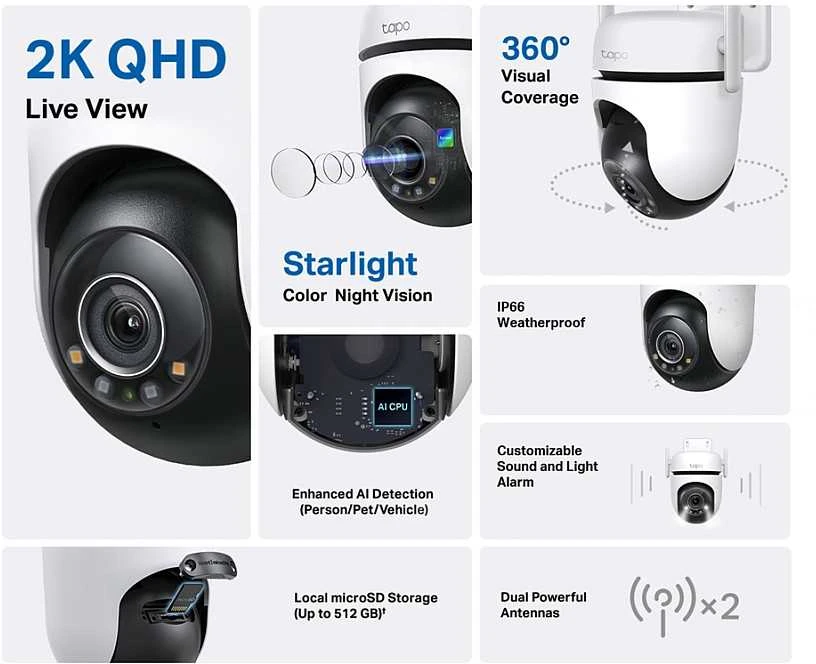 TP-LINK | Pan/Tilt Security Wi-Fi kamera | Tapo C520WS | Kupolas | 4 MP | 3,18 mm/F1,6 | IP66 | H.264 | „MicroSD“, iki 512 GB