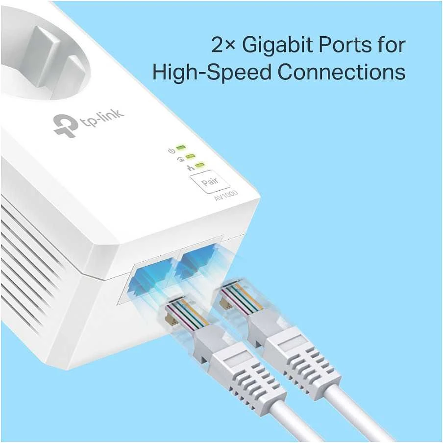 TP-LINK | AV1000 2-port Gigabit Passthrough Powerline Starter Kit | TL-PA7027P RINKINYS | 10/100/1000 Mbit/s | Ethernet LAN (RJ-45) jungtys 2 | Nėra „Wi-Fi“ | Papildomas lizdas