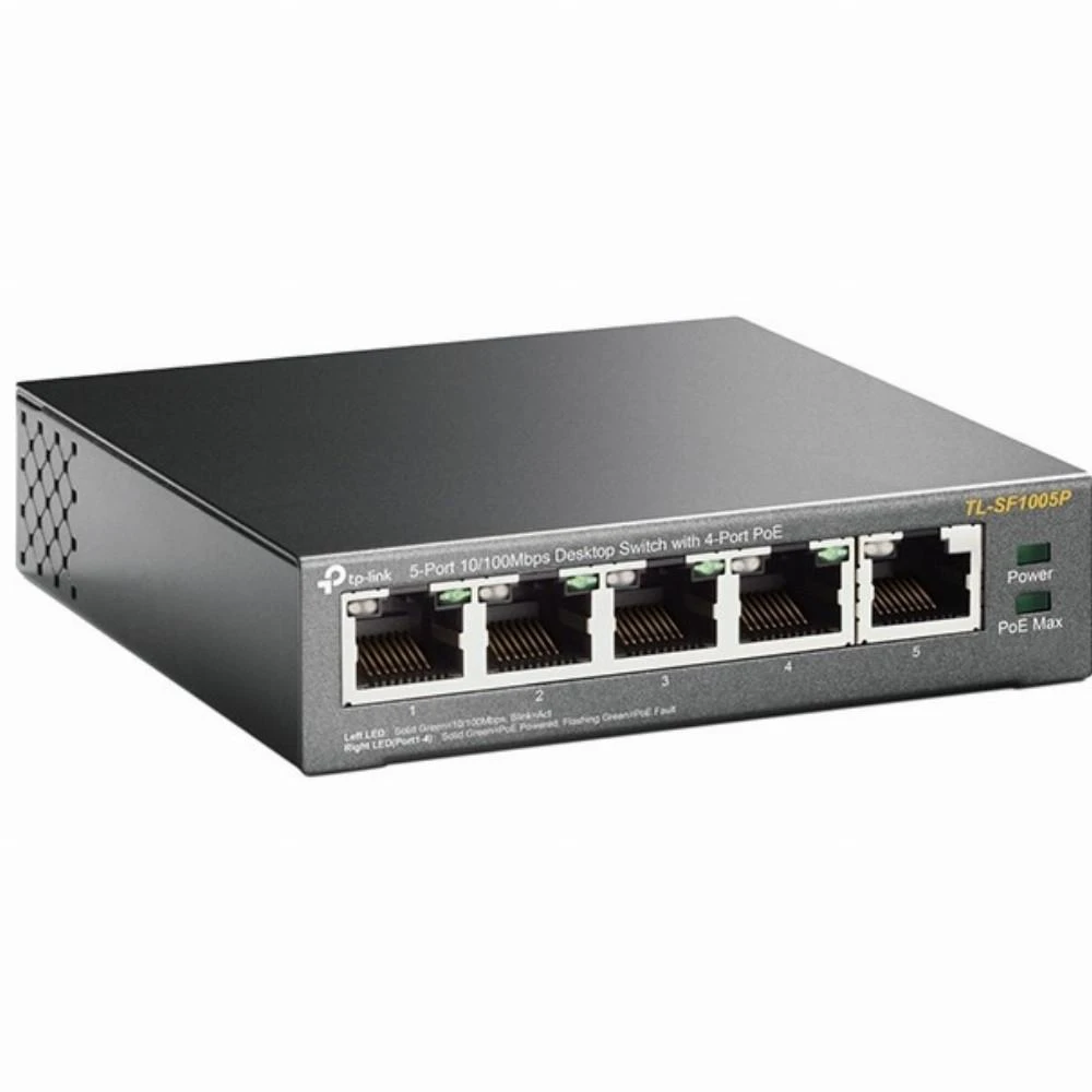 Šakotuvas TP-LINK 5 prievadų 10/100Mbps stalinis komutatorius su 4 prievadų PoE, 5 10/100Mbps RJ45 jungtimis, įskaitant 4 PoE jungtis, 58 W PoE maitinimo šaltinį, plienas
