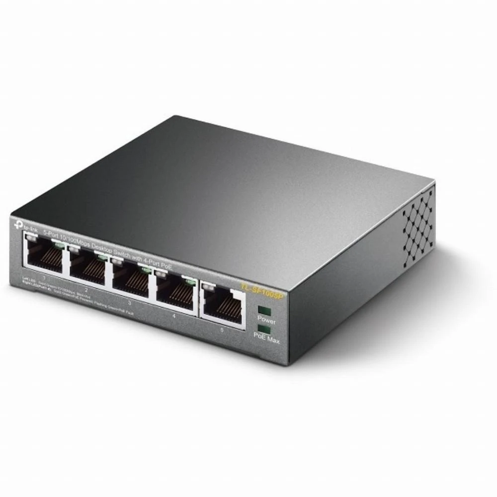 Šakotuvas TP-LINK 5 prievadų 10/100Mbps stalinis komutatorius su 4 prievadų PoE, 5 10/100Mbps RJ45 jungtimis, įskaitant 4 PoE jungtis, 58 W PoE maitinimo šaltinį, plienas