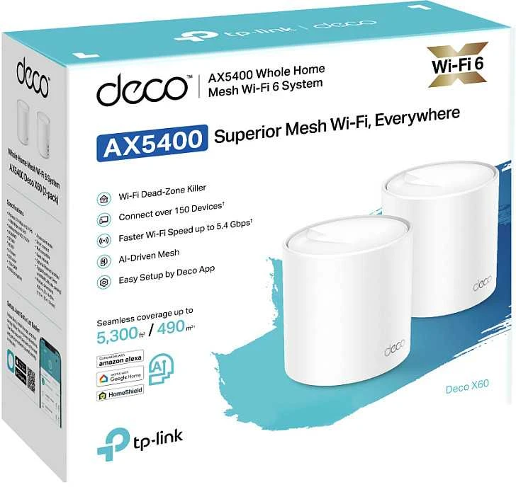 Maršrutizatorius TP-LINK Deco X60 AX3000 Wi-Fi 6 viso namo tinklelio sistema 2 paketų keturių branduolių procesorius 2x GE RJ45 4xint.antenos MU-MIMO