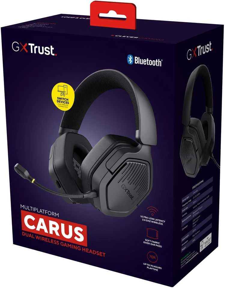 TRUST žaidimų ausinės GXT 493 Carus, Bluetooth, 2,4 GHz, juodos