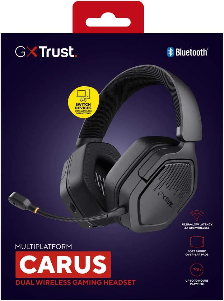 TRUST žaidimų ausinės GXT 493 Carus, Bluetooth, 2,4 GHz, juodos