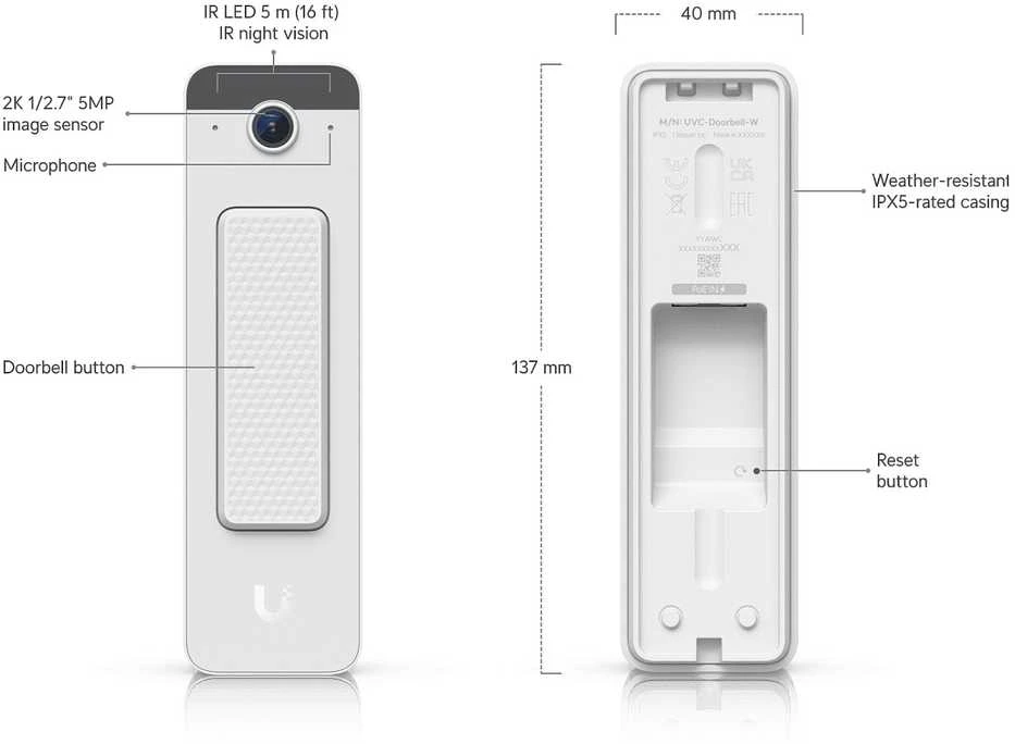 „Ubiquiti Doorbell Lite“ – kompaktiškas „PoE“ vaizdo durų skambutis su dvipusiu garsu ir universaliomis tvirtinimo galimybėmis, baltas.