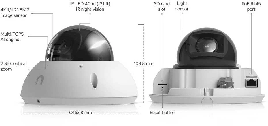 Ubiquiti G6 Pro kupolinė IP saugos kamera, skirta naudoti viduje/lauke, 3840 x 2160 px, montuojama prie lubų/sienos