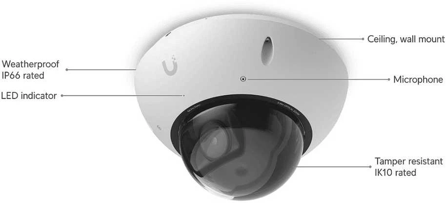Ubiquiti G6 Pro kupolinė IP saugos kamera, skirta naudoti viduje/lauke, 3840 x 2160 px, montuojama prie lubų/sienos