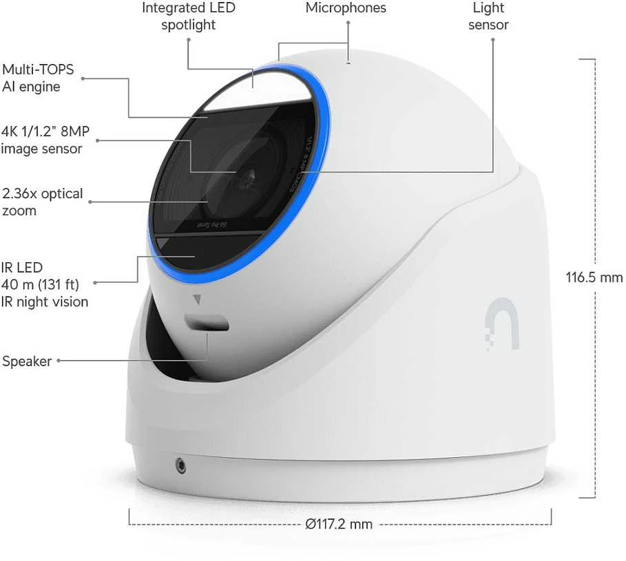Ubiquiti UVC-G6-Pro-Turret-W Visoms oro sąlygoms atspari 4K PoE+ kamera su „Multi-TOPS“ dirbtinio intelekto varikliu, 2,36 karto optiniu priartinimu ir dideliu 1/1,2 colio CMOS jutikliu, užtikrinančiu išskirtinį aiškumą esant prastam apšvietimui ir didelio nuotolio IR naktinį matymą.