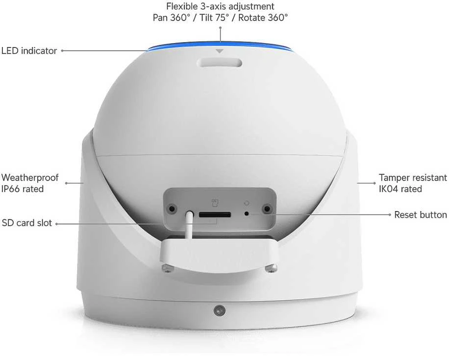 Ubiquiti UVC-G6-Pro-Turret-W Visoms oro sąlygoms atspari 4K PoE+ kamera su „Multi-TOPS“ dirbtinio intelekto varikliu, 2,36 karto optiniu priartinimu ir dideliu 1/1,2 colio CMOS jutikliu, užtikrinančiu išskirtinį aiškumą esant prastam apšvietimui ir didelio nuotolio IR naktinį matymą.