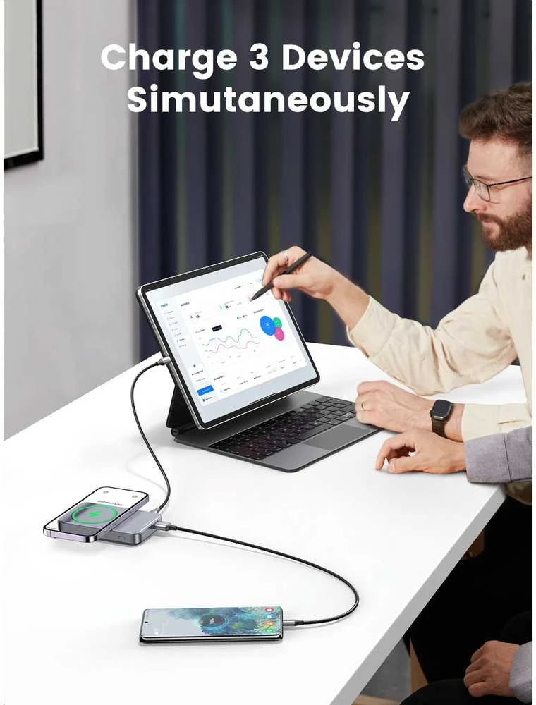 Ugreen PB206 10000mAh USB + USB-C 20W su funkcija podstawki (juoda)