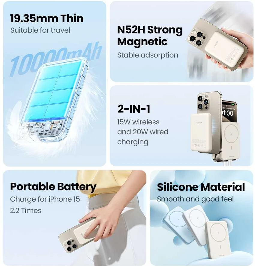 LiPo išorinis akumuliatorius (Powerbank) 10000mAh 20W bevielis QI 15W, su magnetu Magsafe PB561 UGREEN