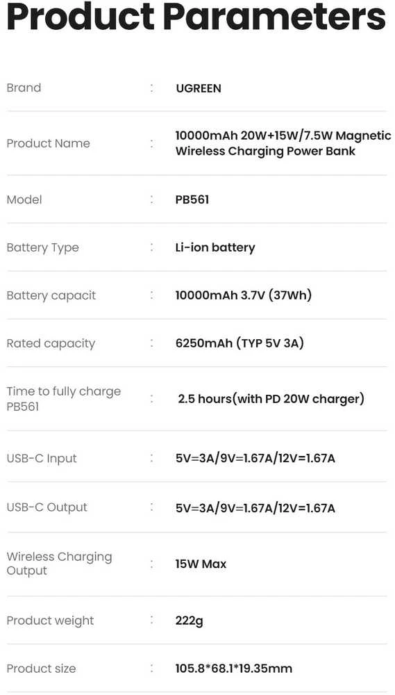 LiPo išorinis akumuliatorius (Powerbank) 10000mAh 20W bevielis QI 15W, su magnetu Magsafe PB561 UGREEN