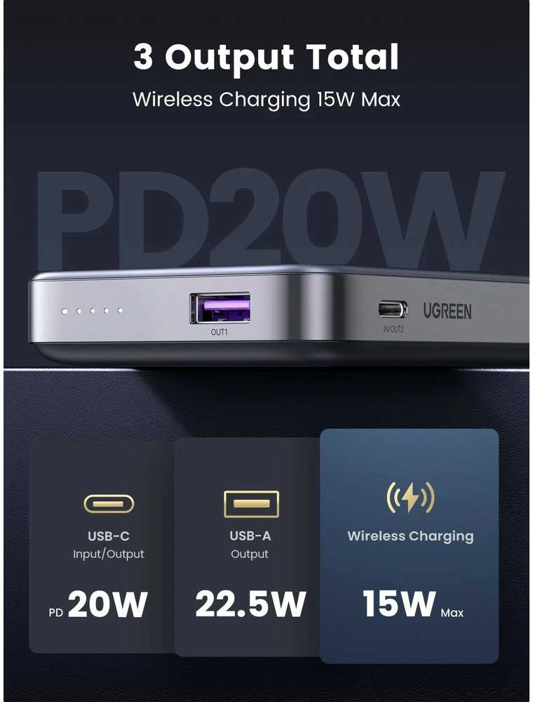 Ugreen PB206 10000mAh USB + USB-C 20W su funkcija podstawki (juoda)