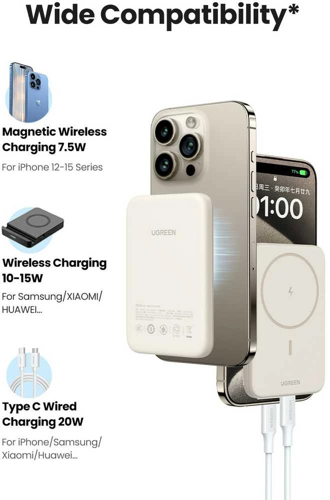 LiPo išorinis akumuliatorius (Powerbank) 10000mAh 20W bevielis QI 15W, su magnetu Magsafe PB561 UGREEN