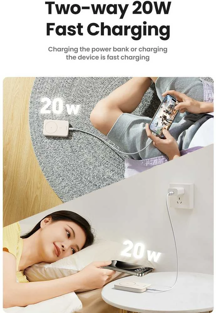 LiPo išorinis akumuliatorius (Powerbank) 10000mAh 20W bevielis QI 15W, su magnetu Magsafe PB561 UGREEN