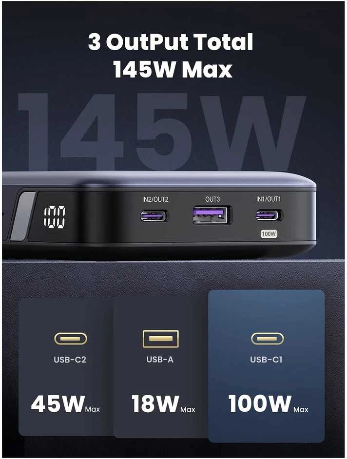 Nešiojamas įkroviklis UGREEN Powerbank 145W nešiojamajam kompiuteriui - 3 jungtys / 25000mAh
