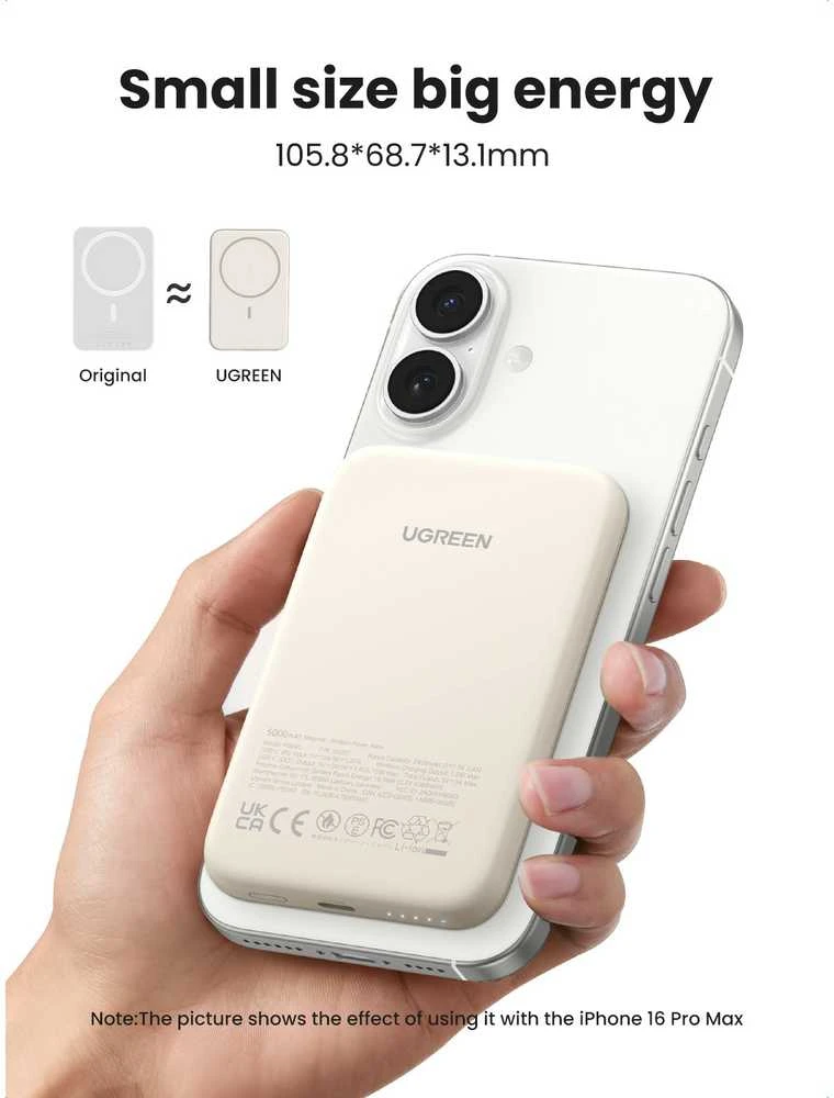 LiPo išorinis akumuliatorius (Powerbank) 5000mAh 15W bevielis QI 7.5W, su magnetu Magsafe PB560 UGREEN