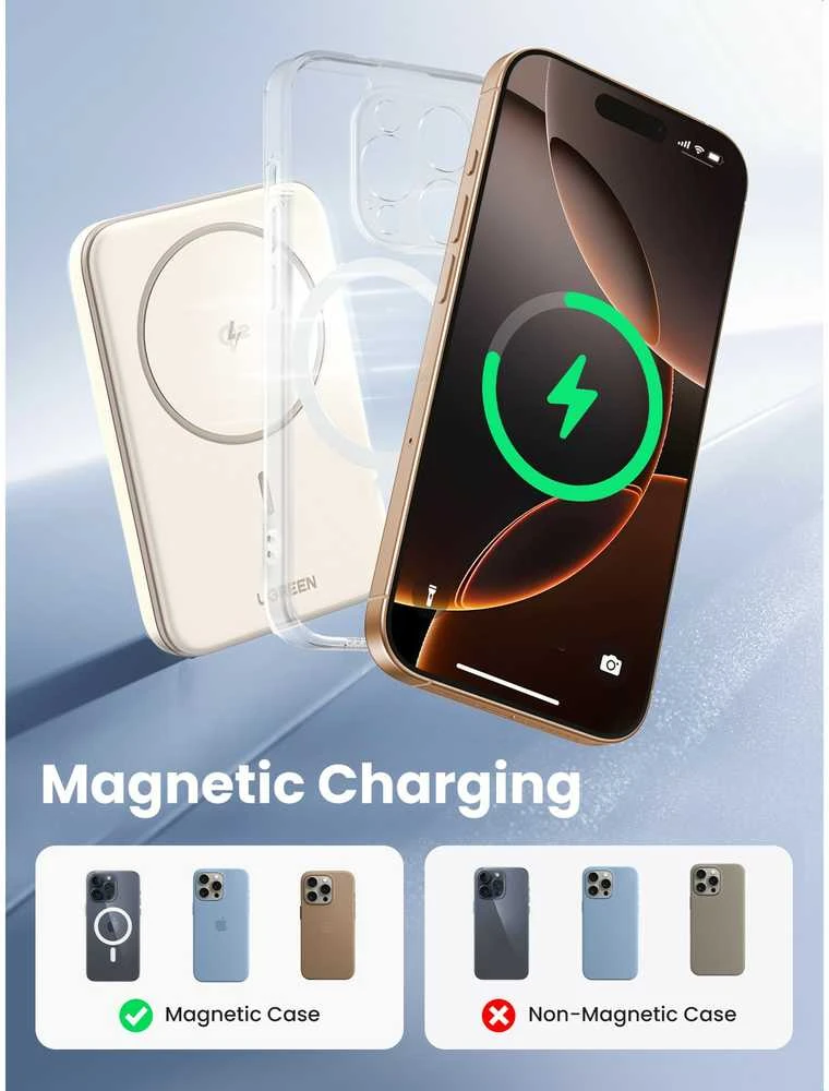 LiPo išorinis akumuliatorius (Powerbank) 5000mAh 15W bevielis QI 7.5W, su magnetu Magsafe PB560 UGREEN
