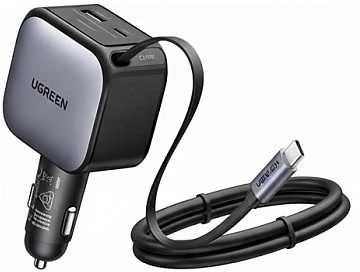 UGREEN 3‑in‑1 90 W automobilinis įkroviklis su 60 W ištraukiamu USB‑C laidu, 3x USB jungtys