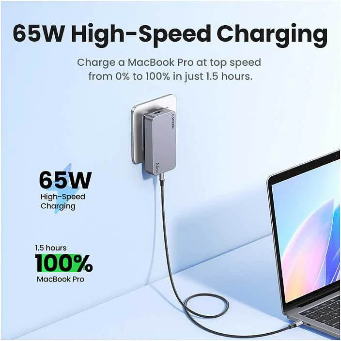 Mobiliųjų įrenginių ir nešiojamųjų kompiuterių sieninis įkroviklis UGREEN Pro 65W 3-Port GaN Ultra-Slim, su greituoju įkrovimu
