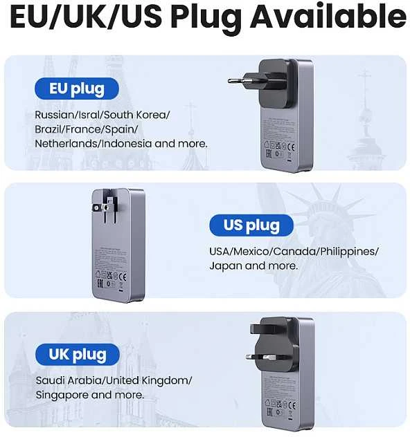 Mobiliųjų įrenginių ir nešiojamųjų kompiuterių sieninis įkroviklis UGREEN Pro 65W 3-Port GaN Ultra-Slim, su greituoju įkrovimu