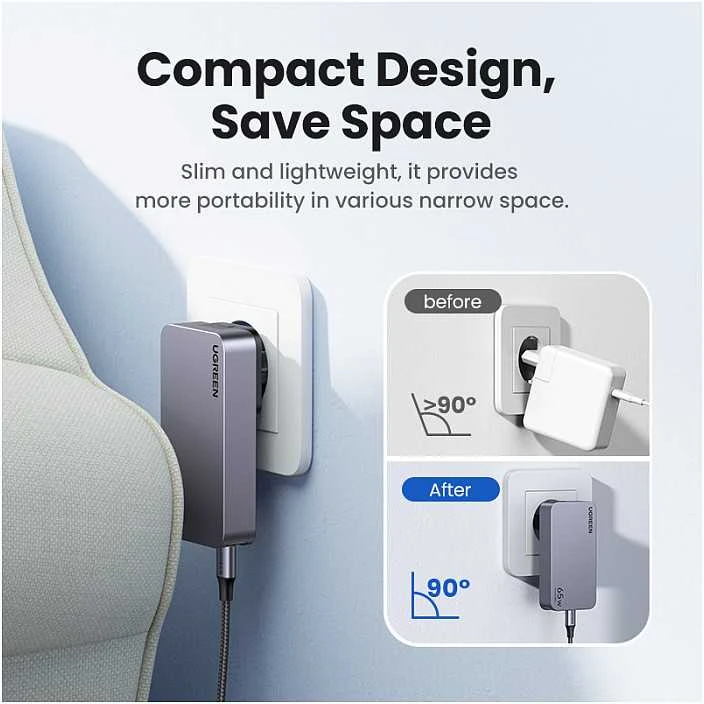 Mobiliųjų įrenginių ir nešiojamųjų kompiuterių sieninis įkroviklis UGREEN Pro 65W 3-Port GaN Ultra-Slim, su greituoju įkrovimu