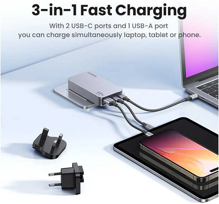 Mobiliųjų įrenginių ir nešiojamųjų kompiuterių sieninis įkroviklis UGREEN Pro 65W 3-Port GaN Ultra-Slim, su greituoju įkrovimu