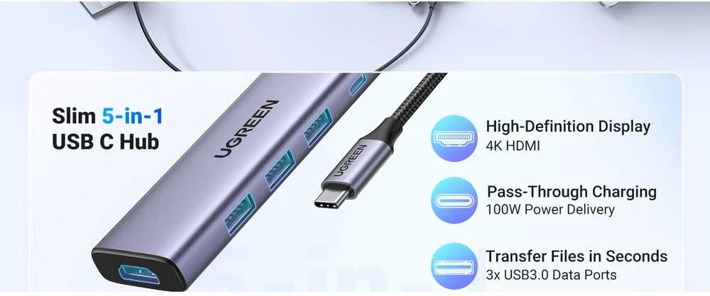 Adapteris Ugreen CM511 USB-C to HDMI 1.4 + 3xUSB-A + USB-C PD100W pilkas
