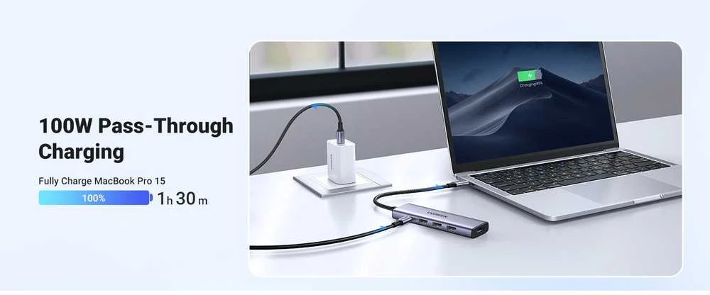 Adapteris Ugreen CM511 USB-C to HDMI 1.4 + 3xUSB-A + USB-C PD100W pilkas