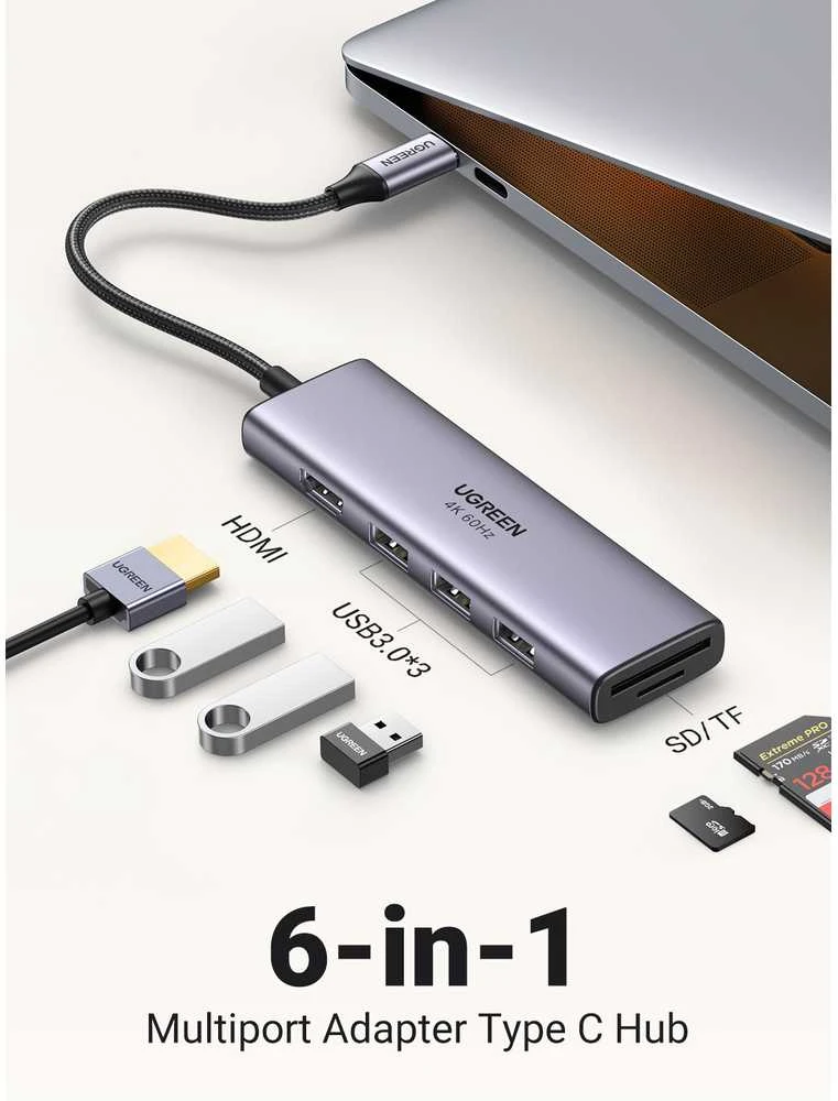 UGREEN CM511 5-in-1 adapteris šakotuvas USB-C – 3x USB3.0 HDMI TF/SD