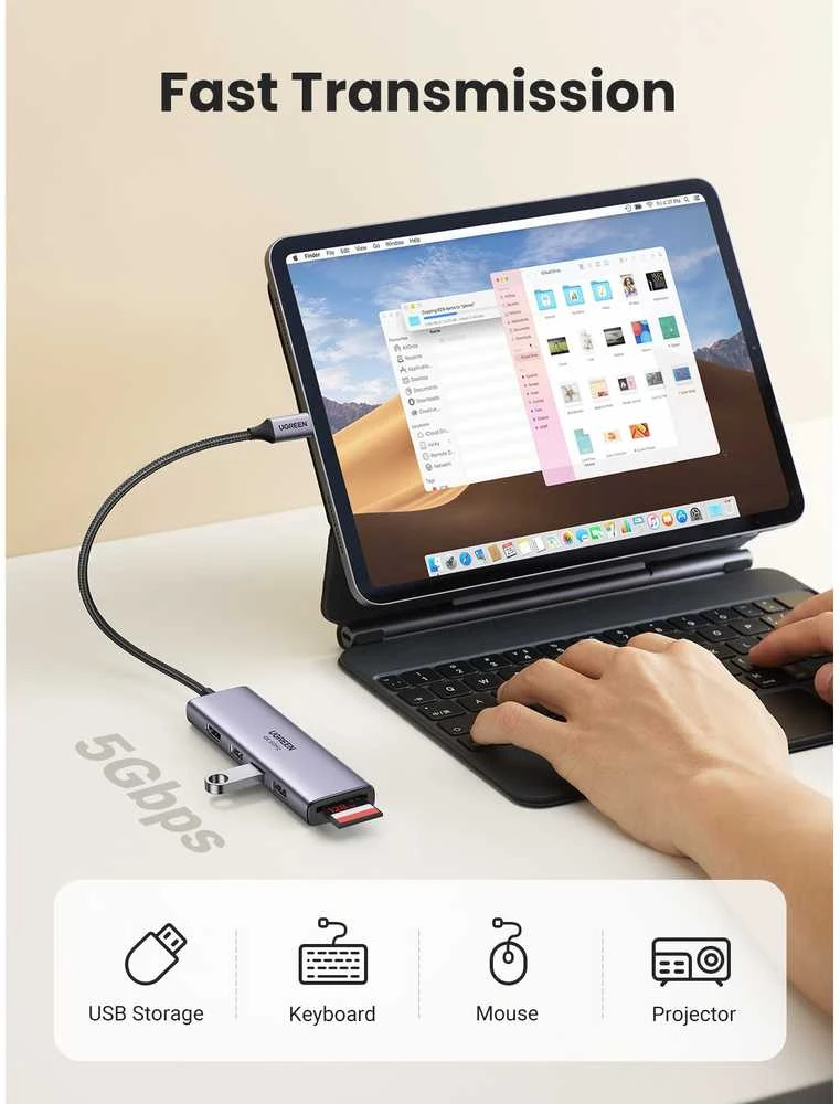 UGREEN CM511 5-in-1 adapteris šakotuvas USB-C – 3x USB3.0 HDMI TF/SD