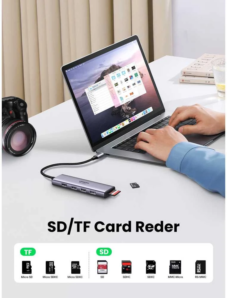 UGREEN CM511 5-in-1 adapteris šakotuvas USB-C – 3x USB3.0 HDMI TF/SD