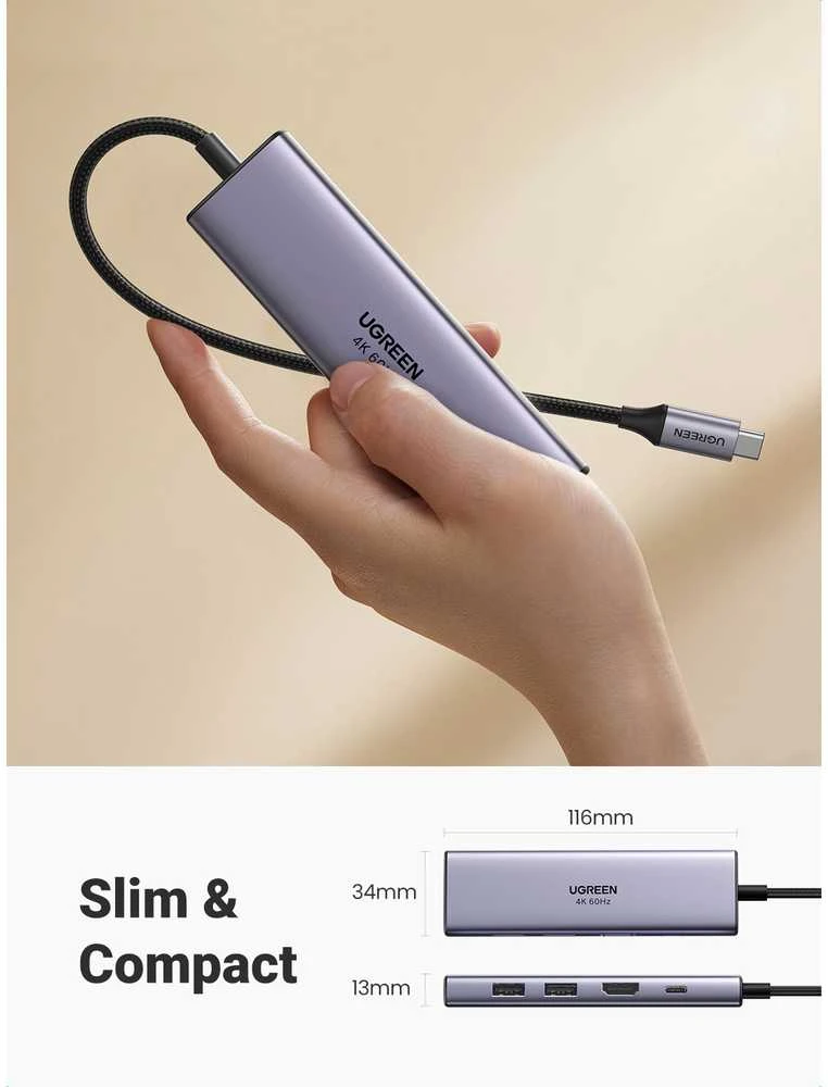 UGREEN CM511 5-in-1 adapteris šakotuvas USB-C – 3x USB3.0 HDMI TF/SD