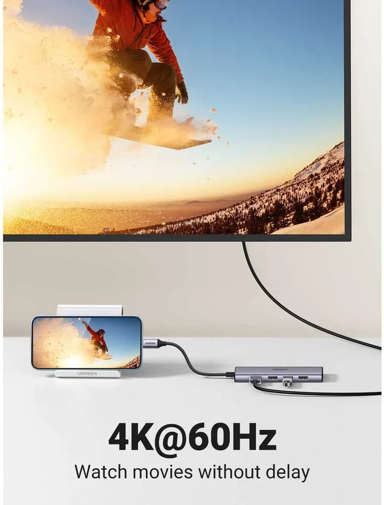 UGREEN CM511 5-in-1 adapteris šakotuvas USB-C – 3x USB3.0 HDMI TF/SD