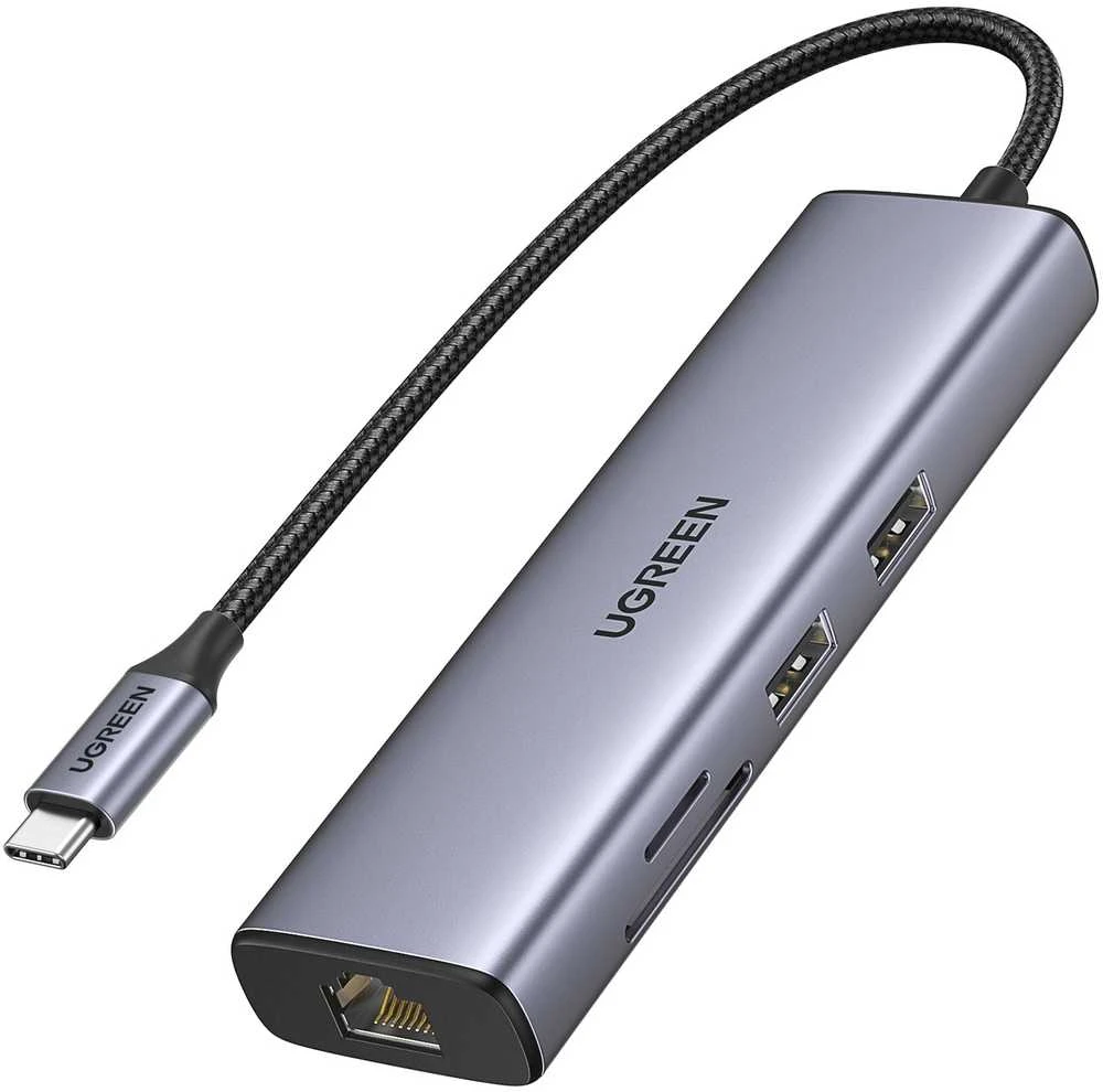 Adapterio šakotuvas UGREEN, USB-C iki 2x USB 3.0, HDMI, RJ45, SD/TF